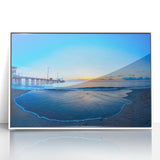 Art deco style poster of Outer Banks, North Carolina, in muted gray tones on white framed acrylic.