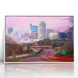 Acrylic print of Raleigh, North Carolina skyline in art deco style with muted colors, ideal for modern nursery wall art.