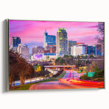 Landscape art painting of Raleigh skyline, featuring colorful art on black framed canvas, ideal for modern office decor.