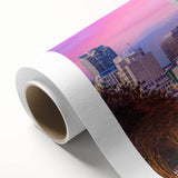 Art Deco style poster of Raleigh skyline in pastel shades on rolled canvas, ideal for nursery wall art.