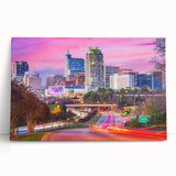 Black and white photo of Raleigh skyline on stretched canvas, ideal for kitchen wall art.