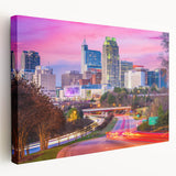 Raleigh, North Carolina skyline in muted blue and gray tones on stretched canvas, suitable for kitchen wall art.