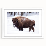 Abstract art print of North Dakota scenery in muted earth tones on a framed white mat, ideal for dining room decor.