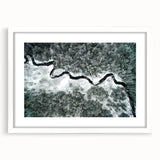 Abstract art print of the Adirondacks in muted earth tones on a framed white mat, suitable for bedroom or dining room decor.
