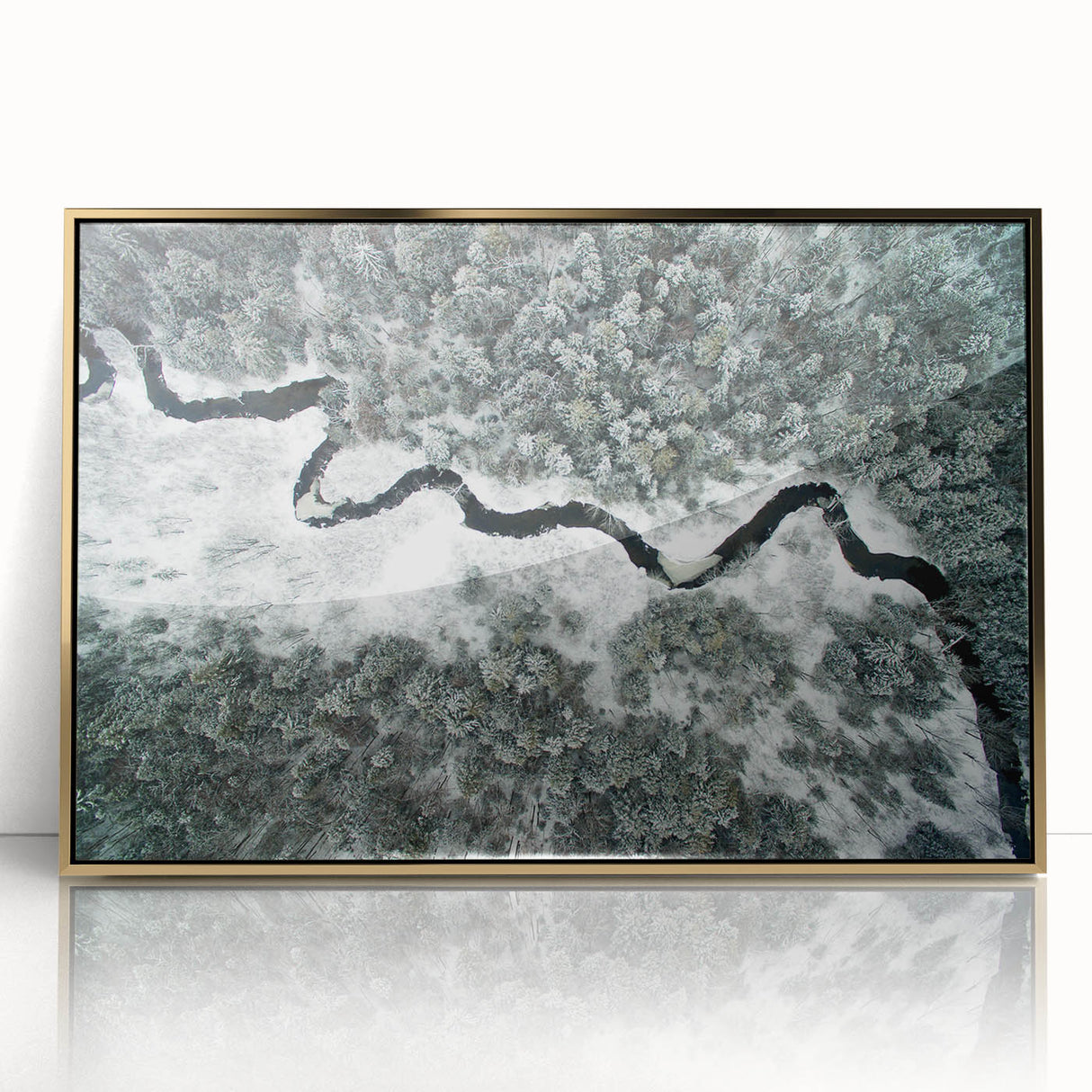 Mid-century modernist style large art print of Adirondack scenery in gold framed acrylic, ideal for modern art wall decor.