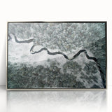 Mid-century modernist art of Adirondacks scenery in silver framed acrylic, featuring muted earth tones.