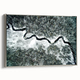 Framed canvas of a vintage-style landscape painting depicting the Adirondacks, with vibrant green and blue tones.