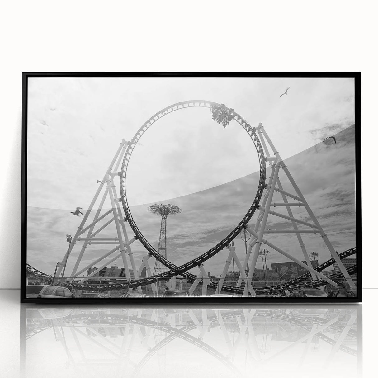 Large abstract wall art depicting Coney Island in muted colors on a framed acrylic, suitable for modern living room decor.