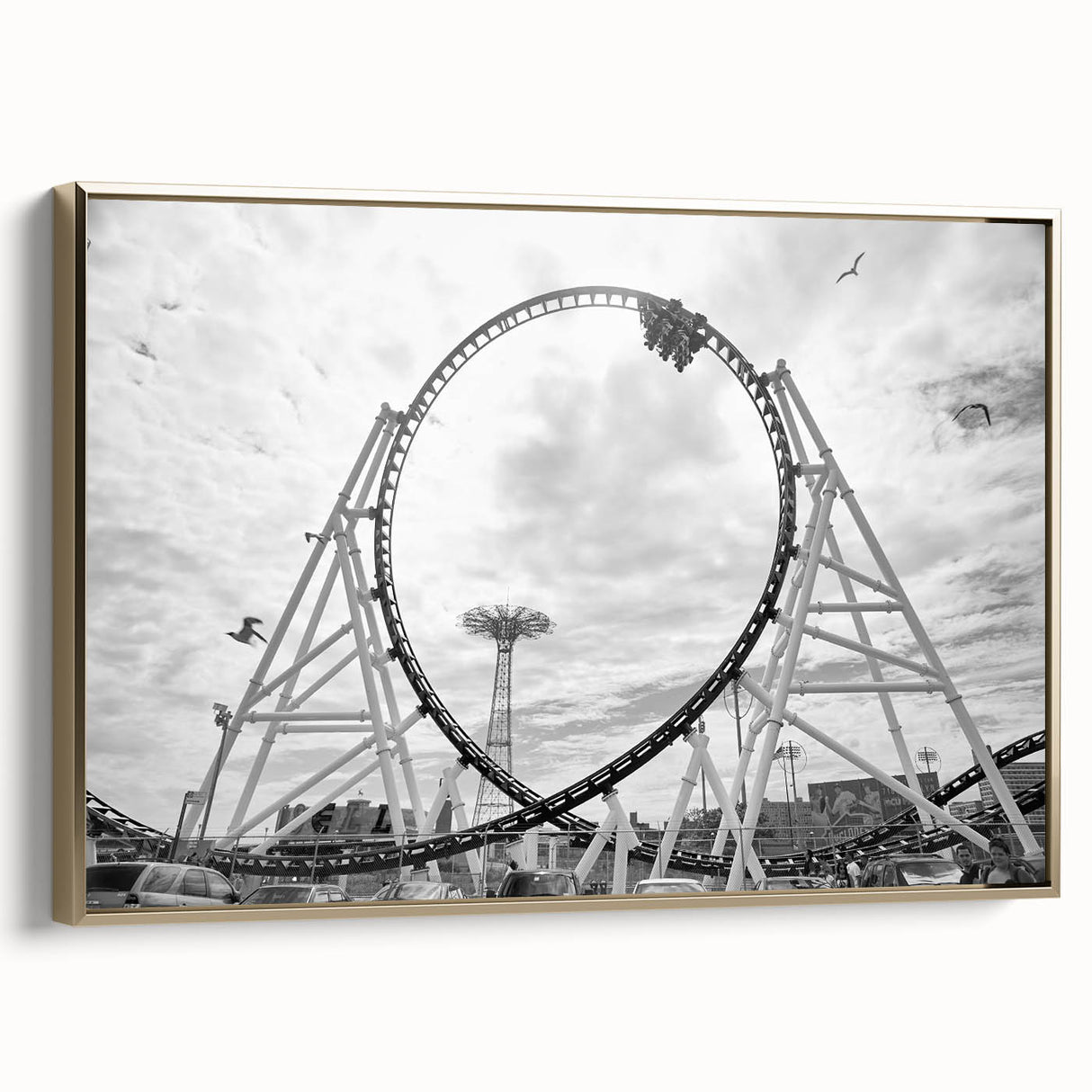 Framed canvas of vintage Coney Island landscape in black and gold tones, ideal for bedroom wall art.