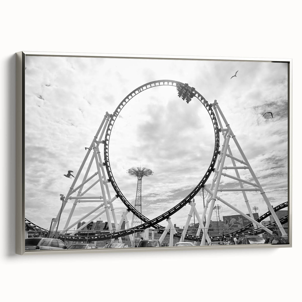 Framed canvas of Coney Island landscape, featuring vintage poster art style with a palette of black and colorful art.