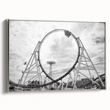 Framed canvas of Coney Island landscape, featuring vintage poster art style with a palette of black and colorful art.