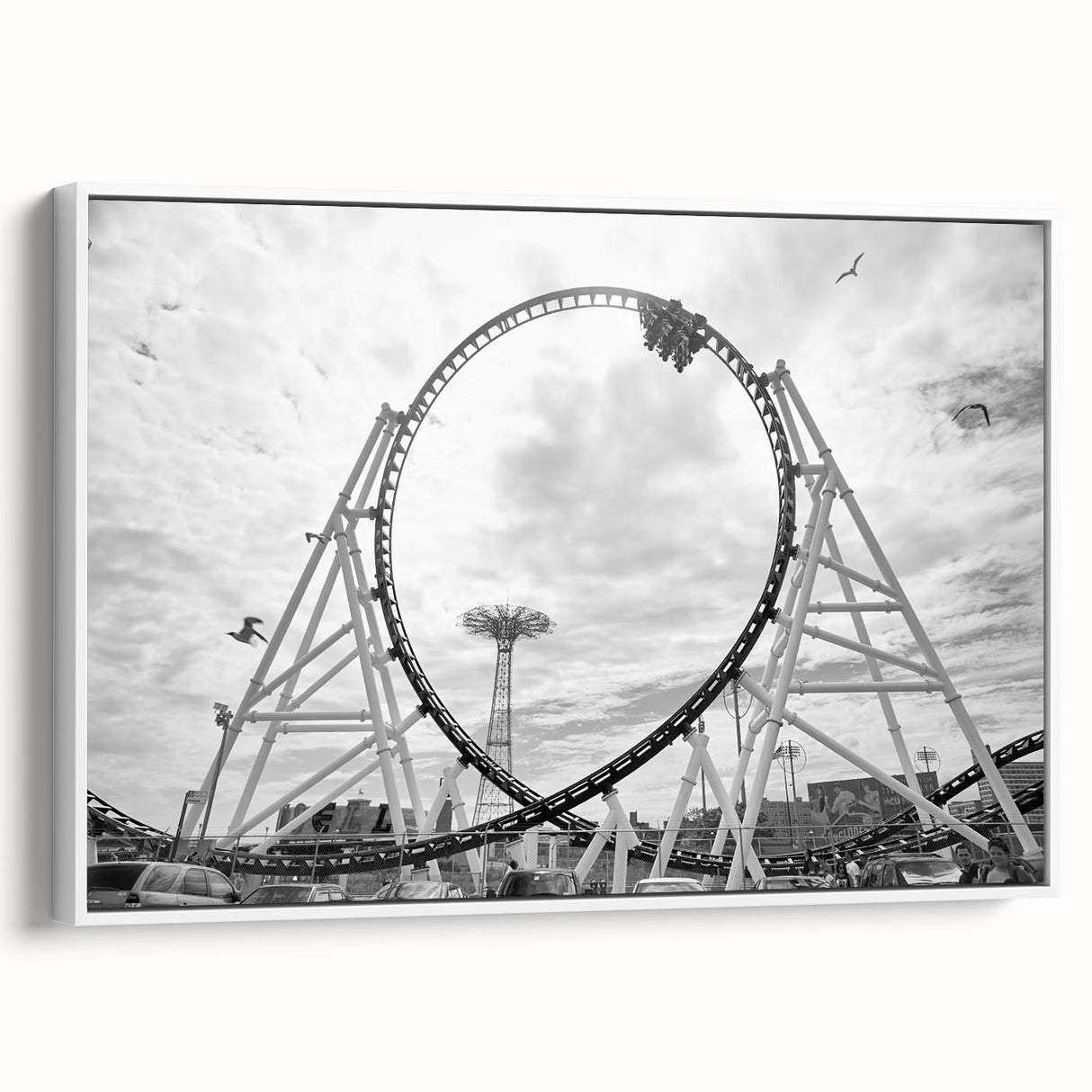 Vintage poster art of Coney Island with vibrant colors on a framed canvas, suitable for extra large living room wall.