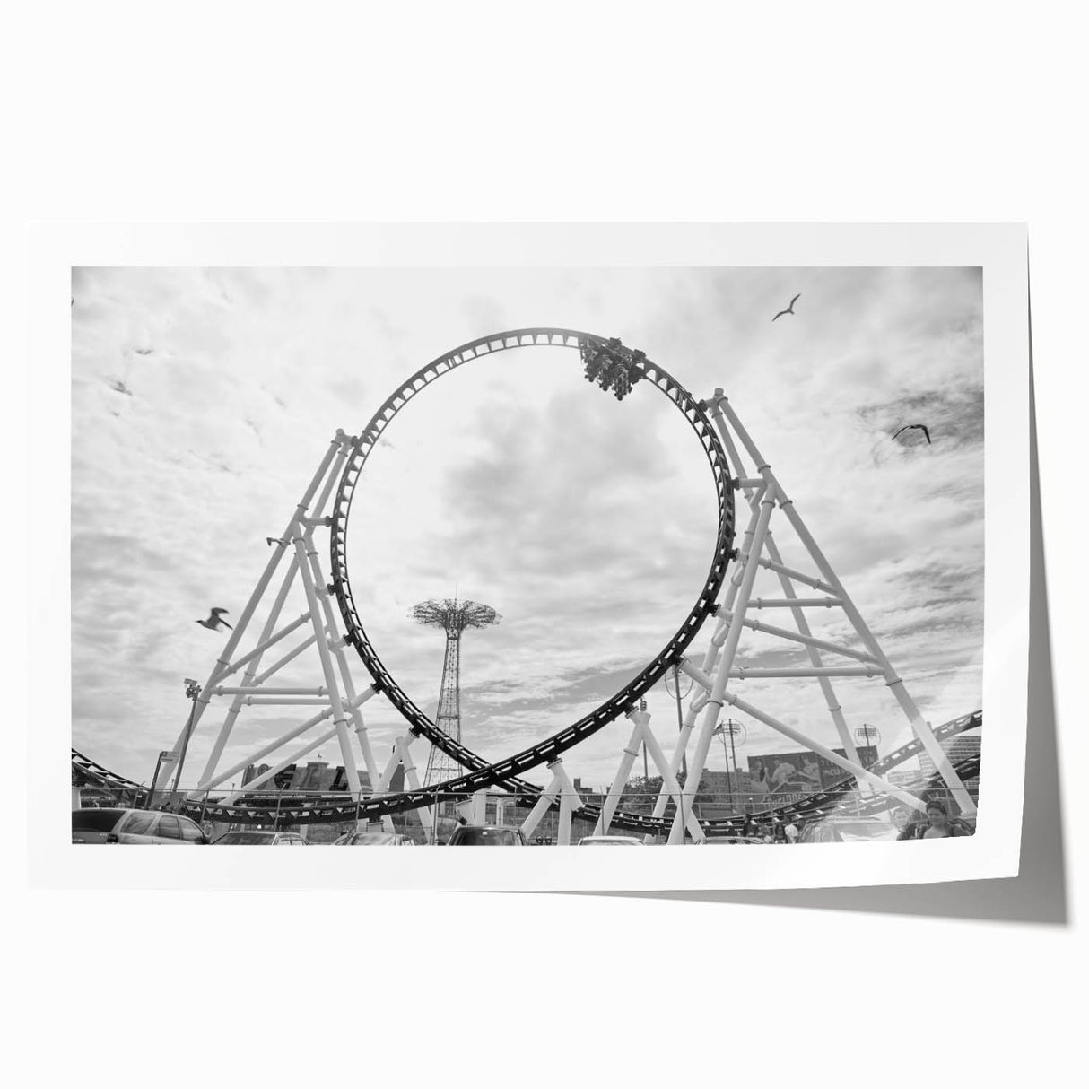 Extra large rolled print of Coney Island with muted pastel colors, ideal for art wall dining room.