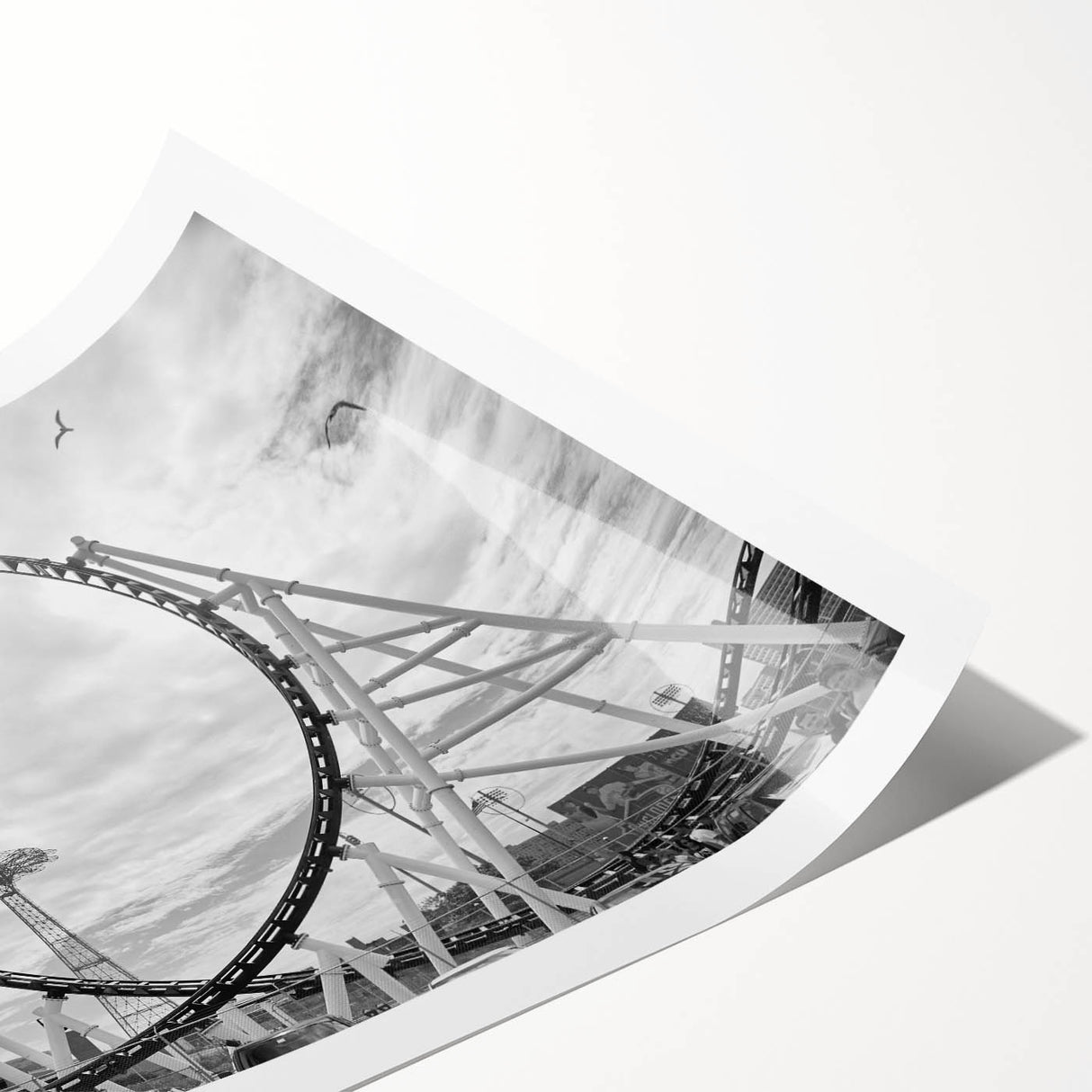 Extra large wall art featuring line art flowers over a faded image of Coney Island, in a rolled print format.