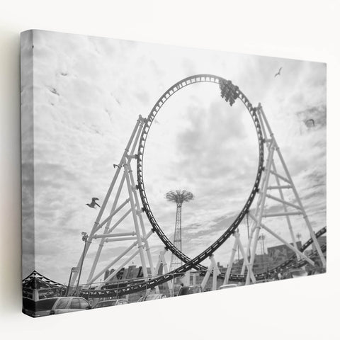 Side view of a stretched canvas featuring a vibrant depiction of Coney Island, ideal for kitchen wall art.