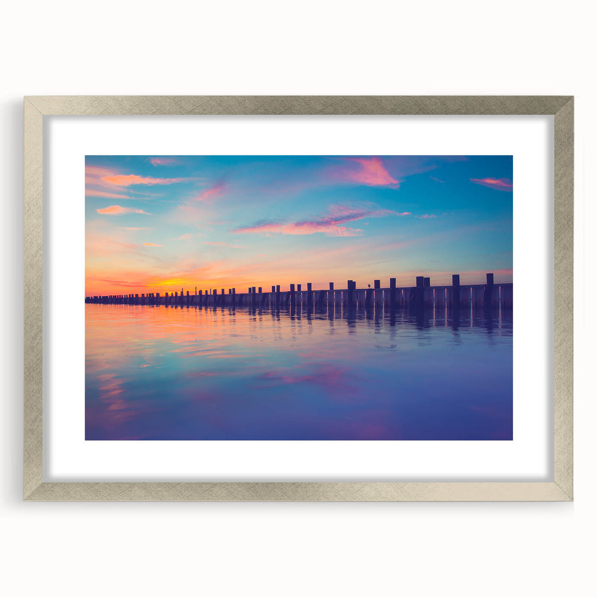 Textured abstract art print of Long Island scenery in muted blue and green tones on a framed silver mat.