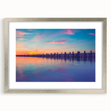 Textured abstract art print of Long Island scenery in muted blue and green tones on a framed silver mat.