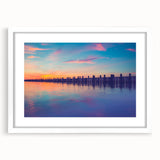 Abstract art print of a serene Long Island landscape in soft blue and green tones, framed with a white mat.