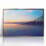 Mid-century modernist art depicting Long Island scenery in muted gray tones, framed in silver acrylic.