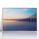 Framed acrylic print of Long Island scenery in art deco style, with pastel color palette, ideal for nursery wall art.