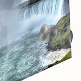 Large abstract depiction of Niagara Falls in muted blue and gray tones on acrylic glass, ideal for dining room art.