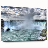 Large abstract depiction of Niagara Falls in muted blue and green tones on acrylic glass.