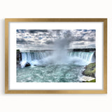 Extra large abstract art print of Niagara Falls in muted blue and gray tones on a textured canvas, framed in gold.
