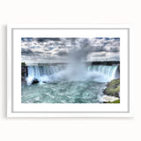 Abstract art print of Niagara Falls in muted blue and green tones on a white framed canvas, ideal for dining room decor.