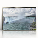 Framed acrylic print of Niagara Falls in mid-century modernist style with muted blue and gray tones.