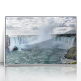 Art Deco-style poster of Niagara Falls in muted blue and white tones, acrylic framed, suitable for modern art wall decor.