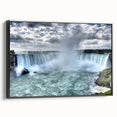 Black and white framed canvas of Niagara Falls, ideal for bedroom wall art in a vintage poster style.
