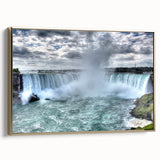 Framed canvas of Niagara Falls in a vintage poster style with black and gold tones, ideal for bedroom wall art.