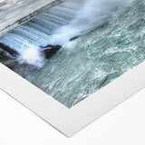 Art deco poster of Niagara Falls in muted blue and green tones on rolled canvas, suitable for dining room wall art.