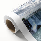 Art Deco style poster of Niagara Falls in muted blue and green tones on rolled canvas, ideal for nursery wall art.