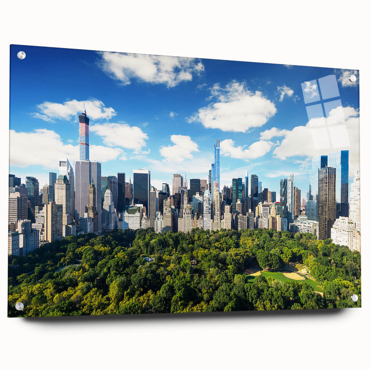 Acrylic print of Central Park with vivid green and blue tones, ideal for dining room ambiance.