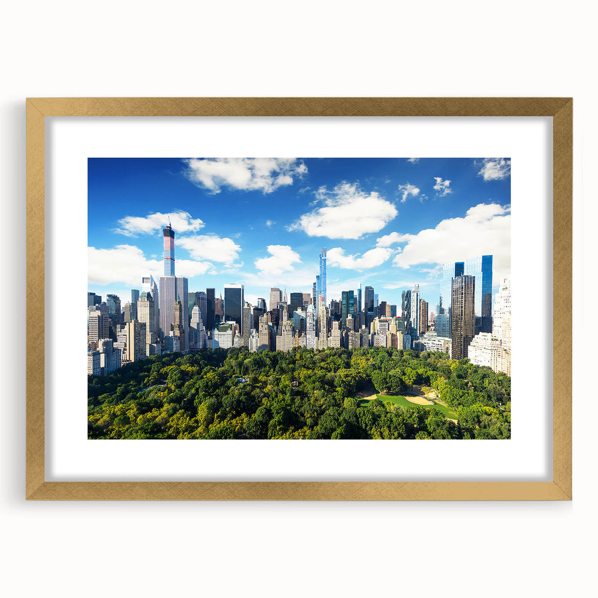 Extra large abstract art print of Central Park in muted green and brown tones, framed in gold.