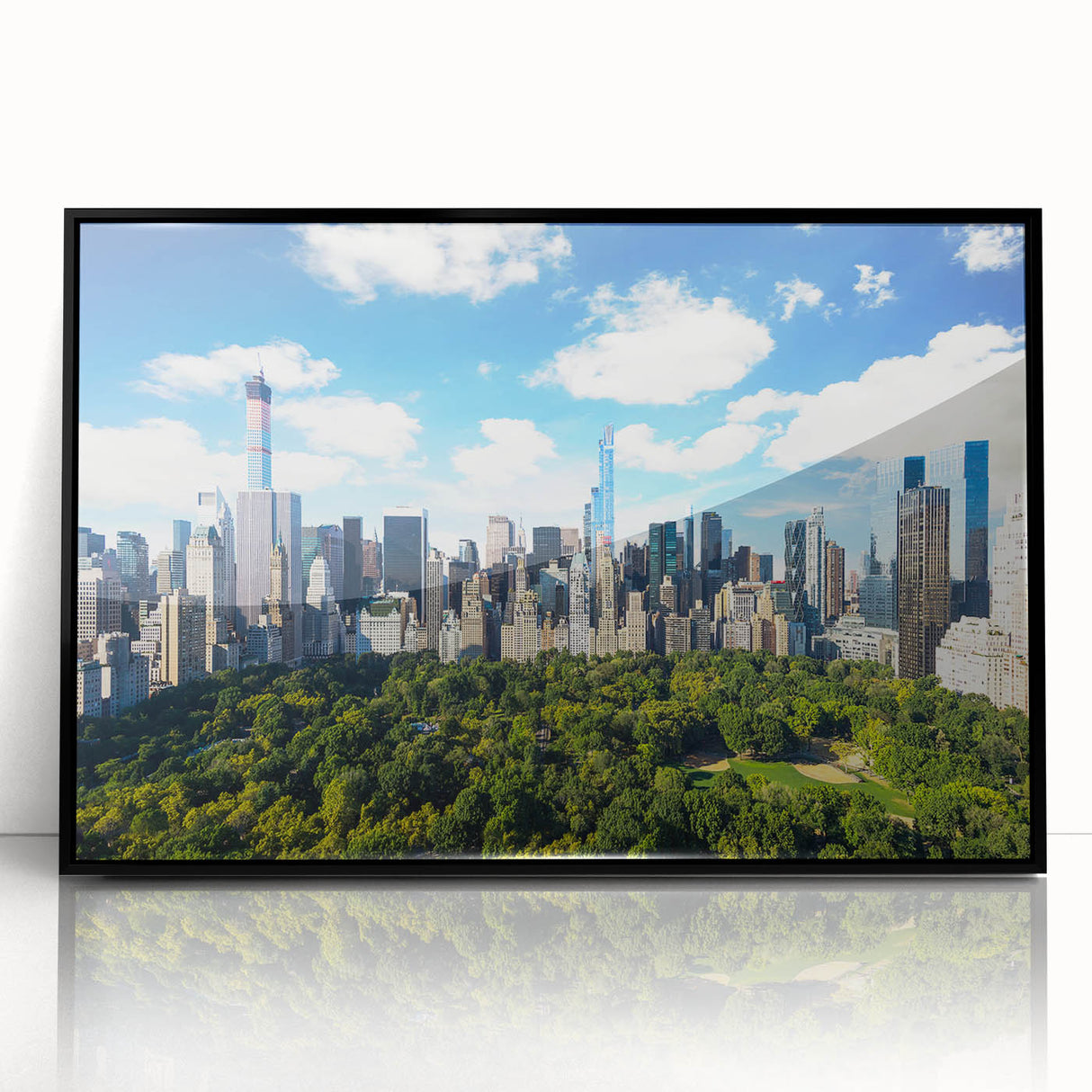 Large abstract wall art of Central Park in acrylic, featuring mid-century modernist style in muted green and black tones.
