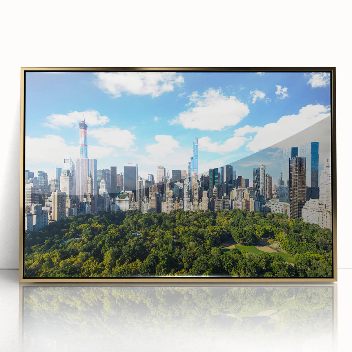Framed acrylic print of Central Park with autumn trees in gold hues, ideal for modern art wall decor.