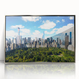 Mid-century modernist art of Central Park in muted greens and blues, framed acrylic print, suitable for nursery wall art.