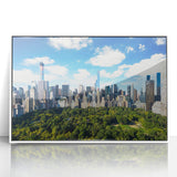 Acrylic print of Central Park with autumn trees in art deco style, framed in white, suitable for modern nursery decor.