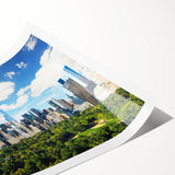 Extra large wall art featuring line art flowers over a Central Park scenery, in muted green and brown tones.