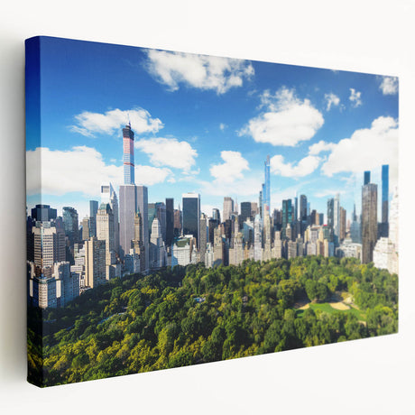Large canvas print of Central Park with lush green trees and a serene pond, in muted green and brown tones.