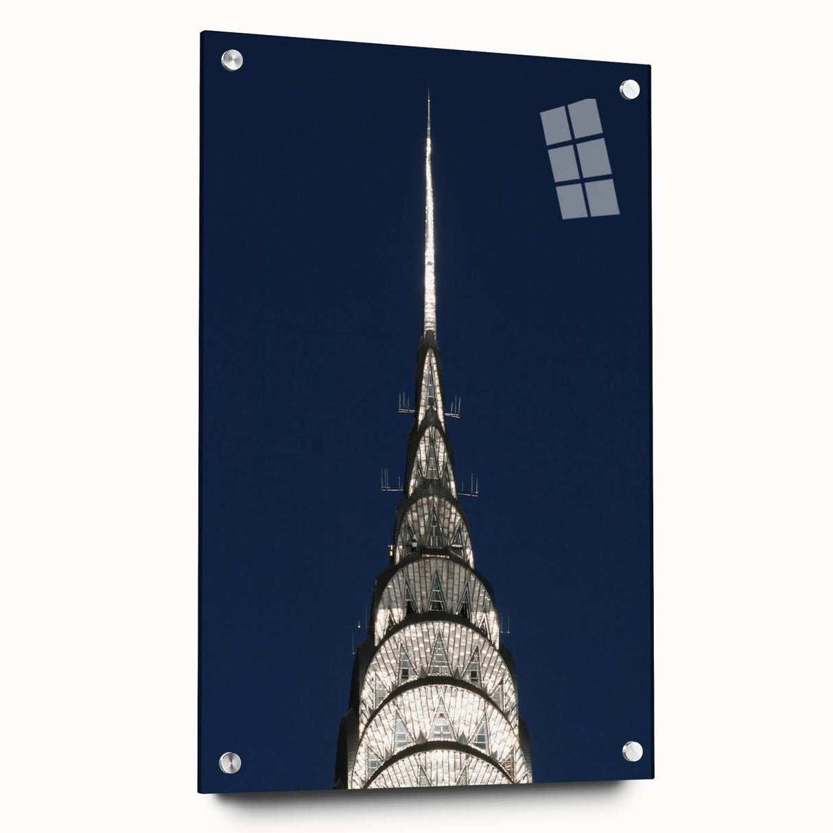 Acrylic print of the Chrysler Building in muted gray tones, ideal for modern bedroom or dining room decor.