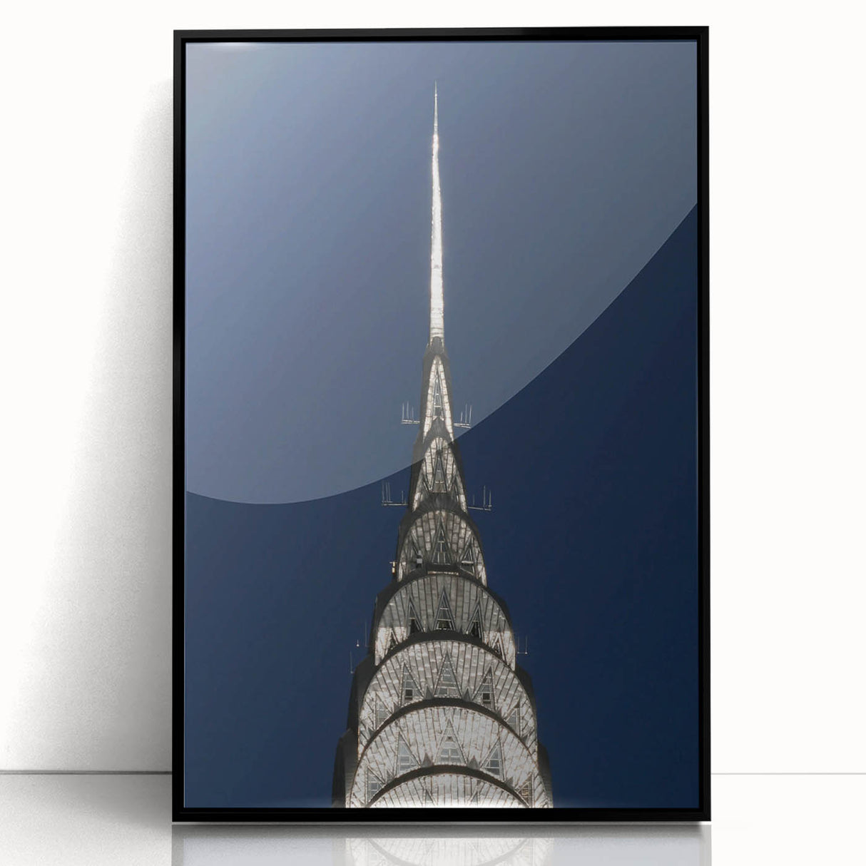 Large abstract wall art of the NYC Chrysler Building in black and gray tones on a framed acrylic.