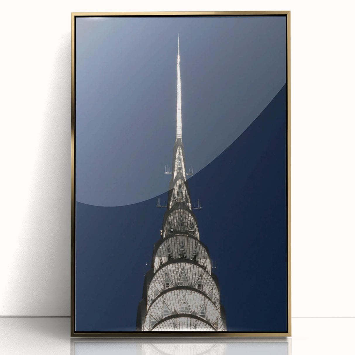 Acrylic print of the Chrysler Building in gold tones, styled in mid-century modernist art.