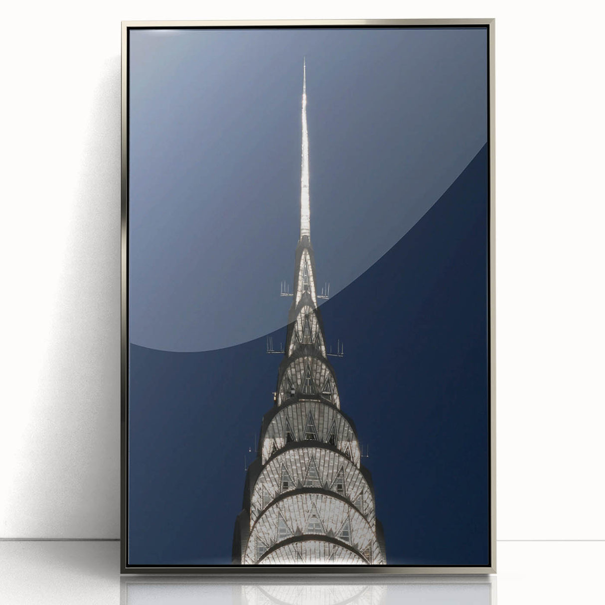 Acrylic print of the Chrysler Building in silver tones, featuring mid-century modernist art style.