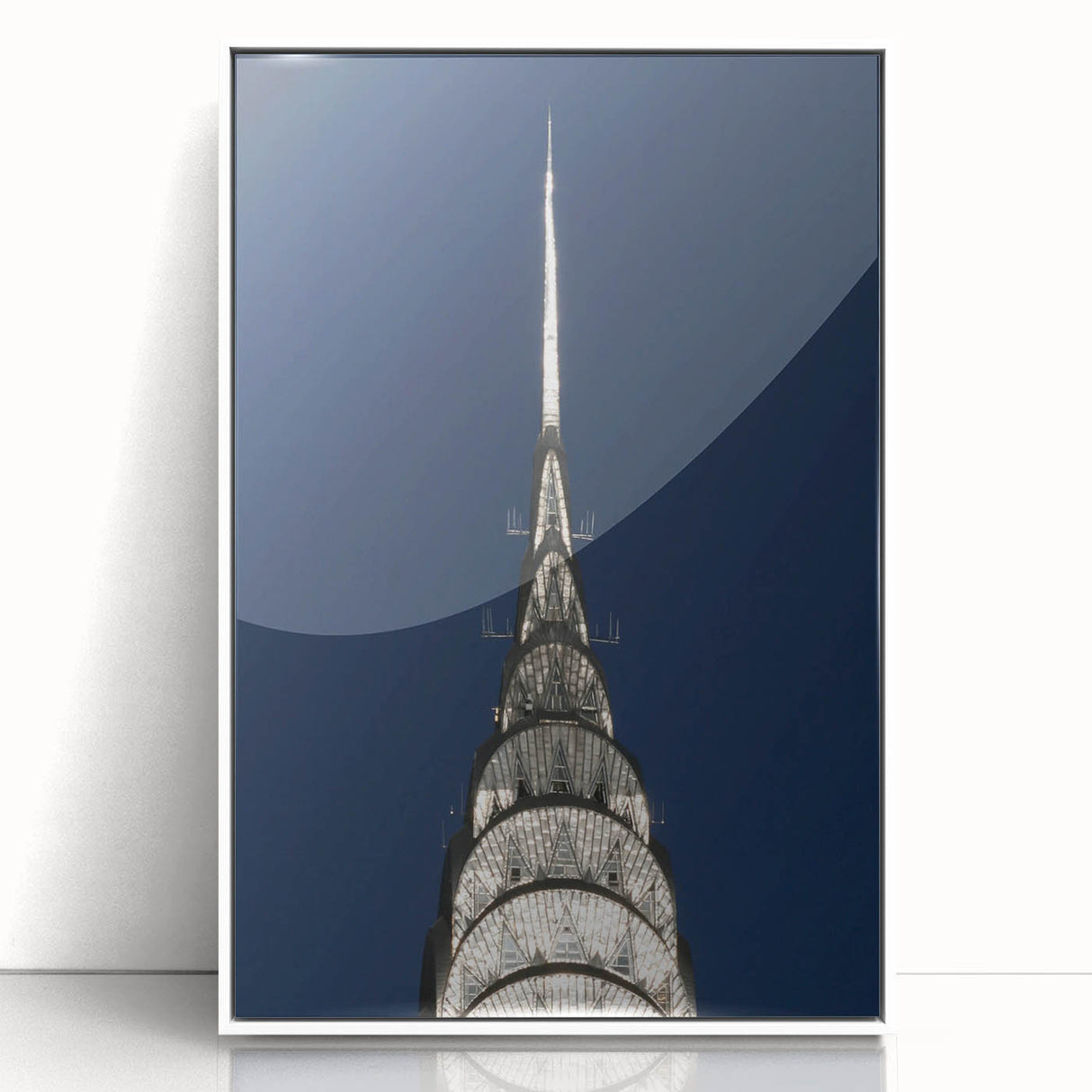 Art deco poster of the Chrysler Building in monochrome tones on a framed acrylic.