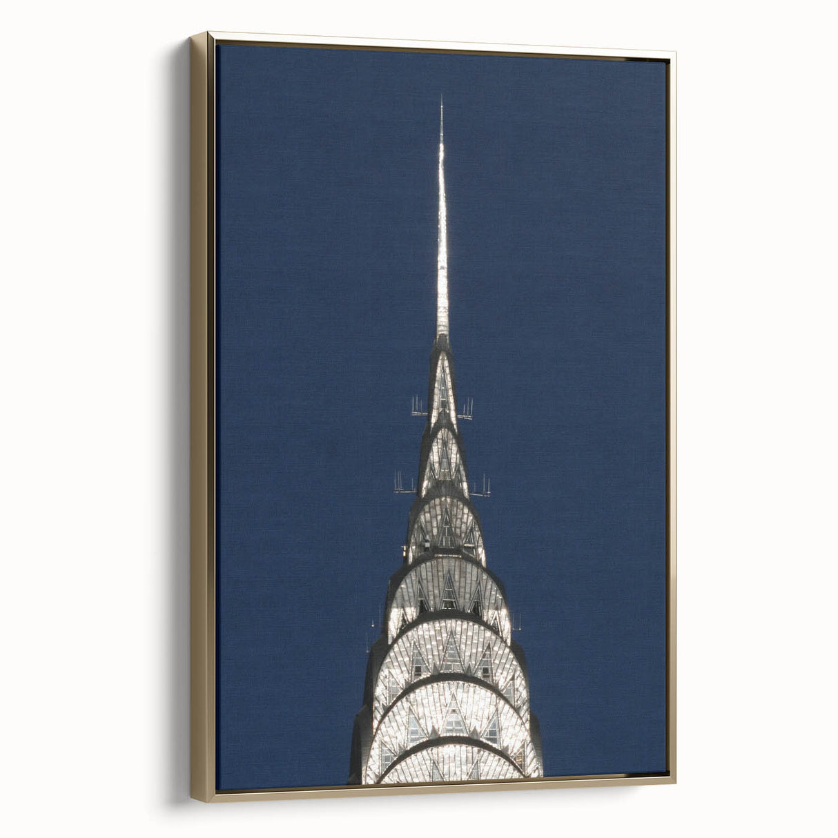 Side view of the Chrysler Building in gold and black tones on a framed canvas, suitable for bedroom wall decor.