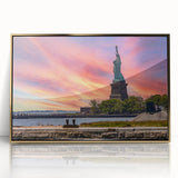 Framed acrylic print of Ellis Island with soft gray and blue tones, in a mid-century modernist style.