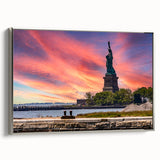 Framed canvas of a vintage-style Ellis Island landscape painting with black and colorful art, ideal for office decor.